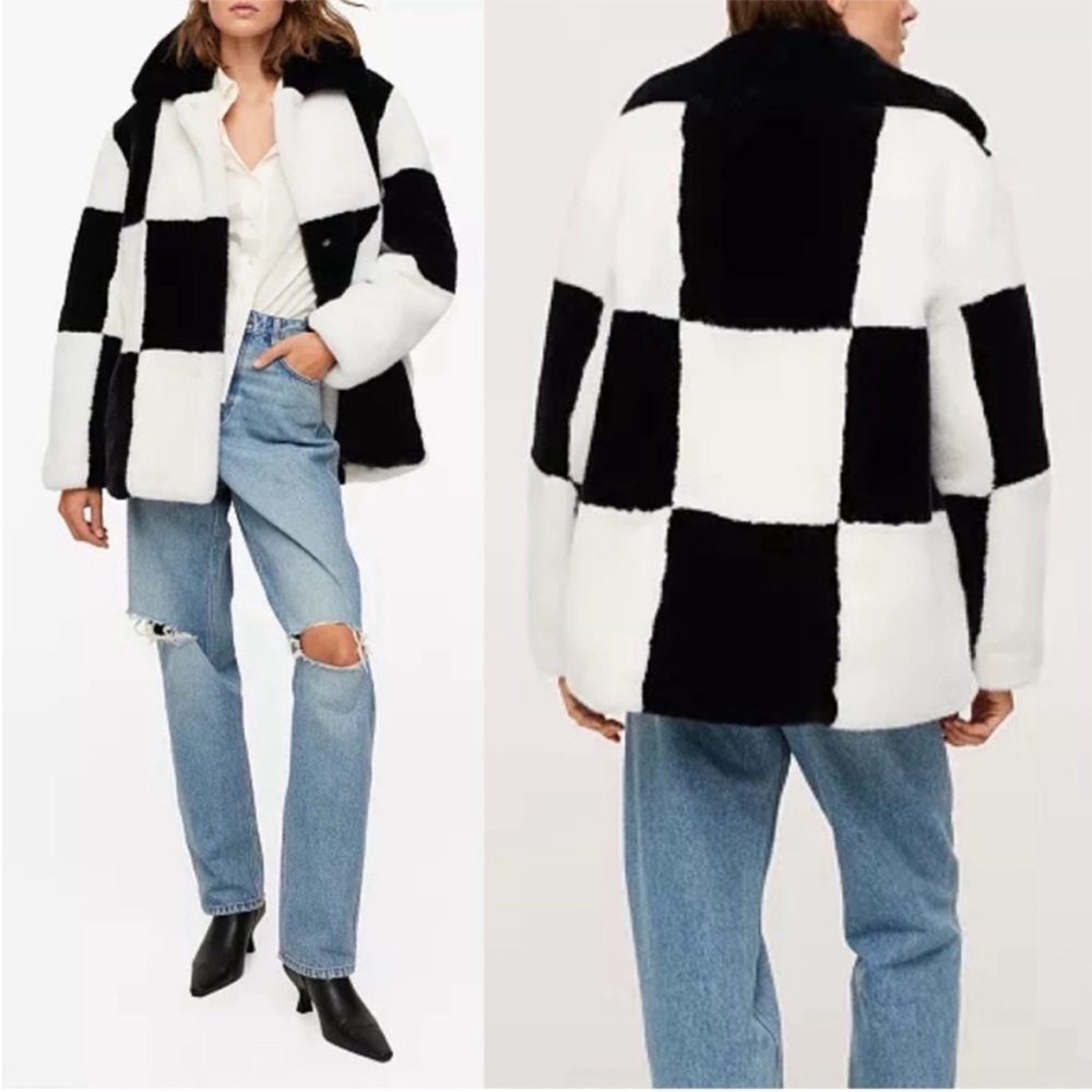 MANGO BLOGGER Black & White Checked Plush Faux Fur Coat Checkered Jacket Coat - Picture 14 of 17